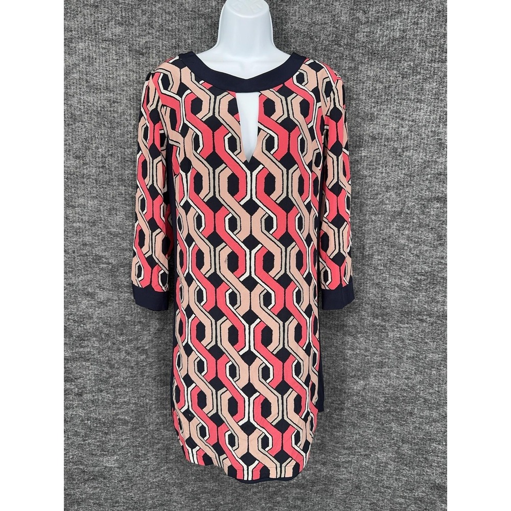 Trina Turk Dress Womens 10 Multicolor Geometric‎ V Neck Shift Silk 3/4 Sleeve